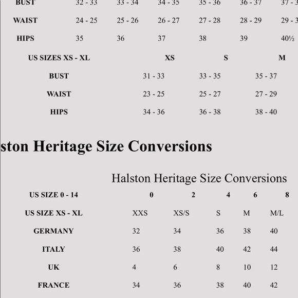 Heritage Dress Size Chart